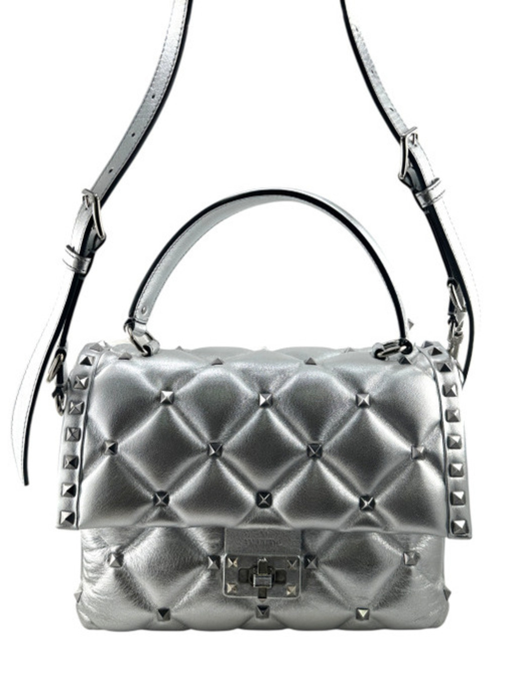 Valentino Garavani Metallic Silver Quilted Leather Top Handle Bag
